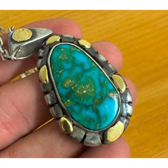 18k Gold & Sterling Silver Necklace Pendant Huge High Grade Kingman Turquoise - Picture 7 of 9